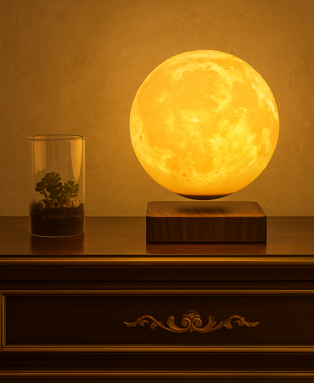 Glowing moon-shaped lamp on a wooden surface with a glass container holding plants in the background.
